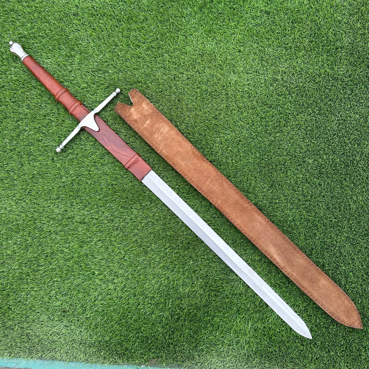 Handmade Damascus Steel Medieval Sword | Leather-Wrapped Handle & Brass Guard | 40" Display Sword