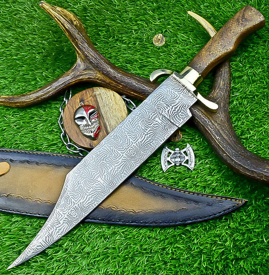 Engraved Bowie Knife – 19" J2 Steel Blade with Natural Wood Handle, Brass Bolsters & Leather Sheath | Hand-Forged Display Knife