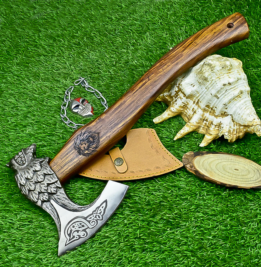 Ragnar Viking Axe – 21" Hand-Forged Carbon Steel Axe W/ Rosewood Handle & Leather Wrap | Camping Axe with Sheath