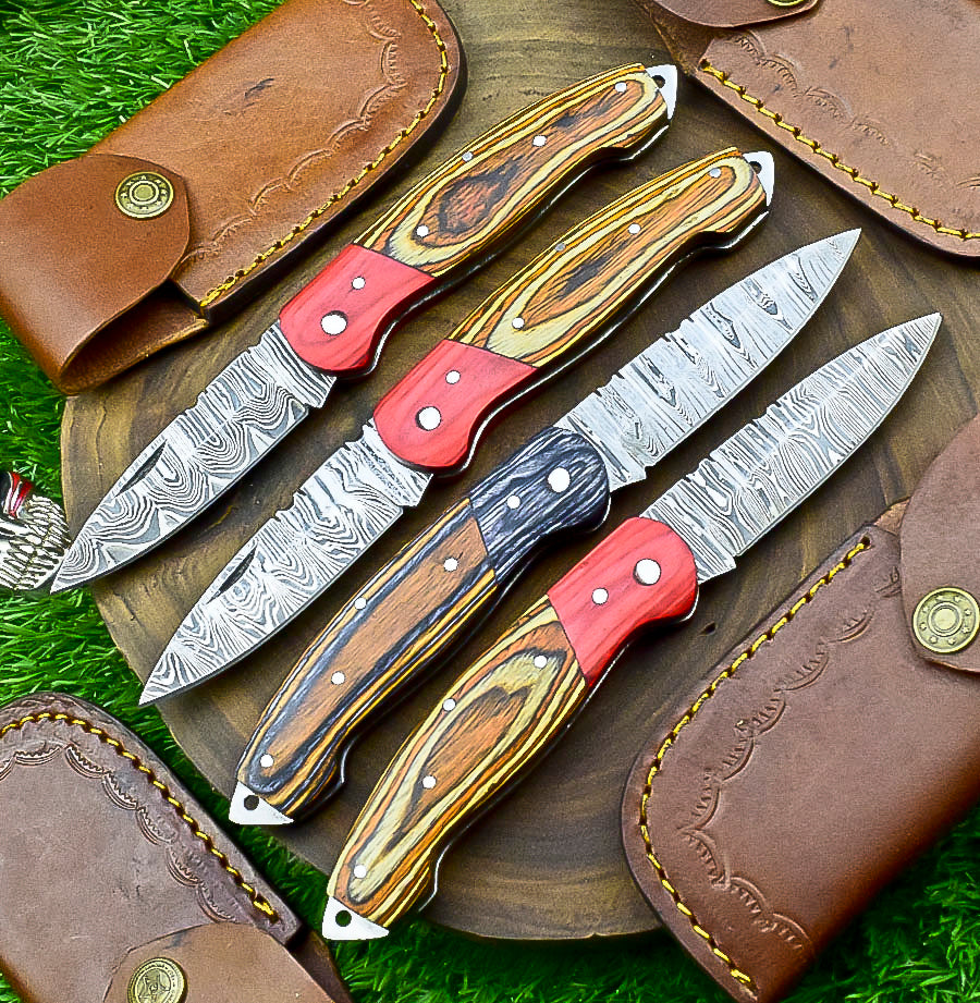 4 PCS Handmade Damascus Folding Knife Set – 7" Multicolor Wood Handle With Leather Sheath | SN-743