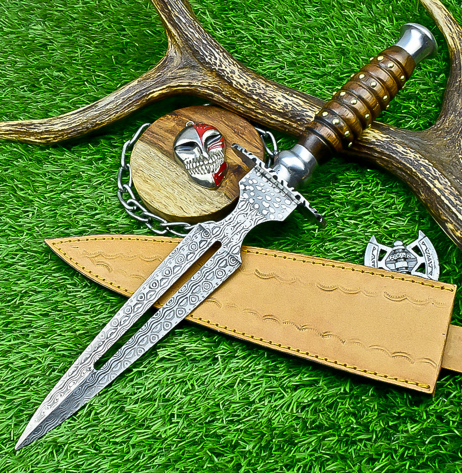Damascus Steel Double Blade Fantasy Dagger with Leather Sheath and Bleach Mask Keychain | SN-787