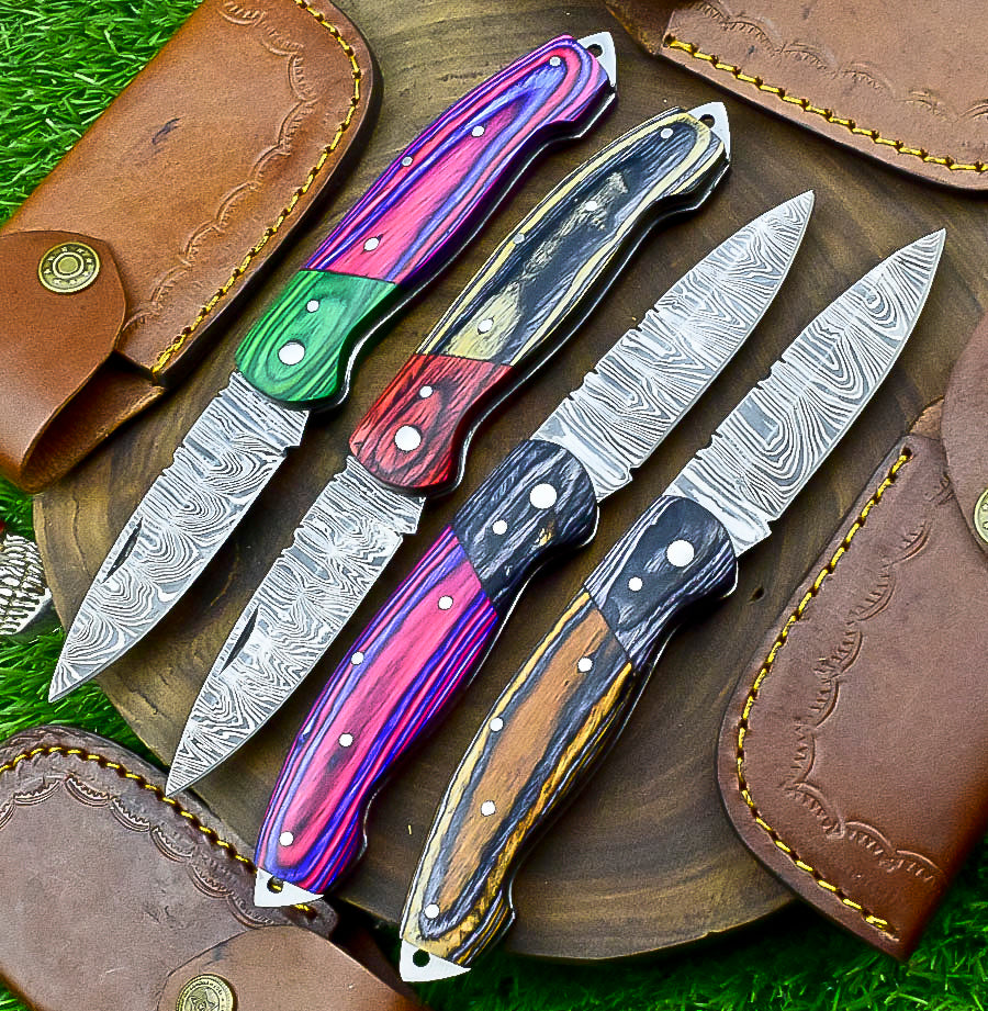 4 PCS Handmade Damascus Folding Knife Set – 7" – Multicolor Wood Handle With Leather Sheath | SN-739