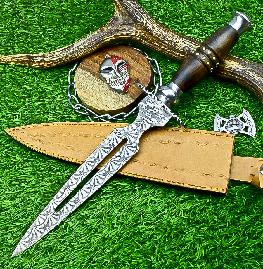 Hand Forged Two-Handed Medieval Broadsword with Scabbard | Knight Sworde – 14.7" – Rosewood Handle with Steel Bolsters & Engraved Blade | SN-761