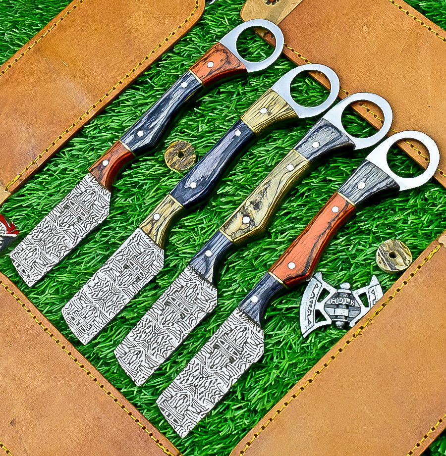 4-Piece Handmade Straight Razor Set – 8.25" J2 Steel Etched Blade, Pakka Wood Handle with Brass Pins & Leather Sheaths | UN-9262