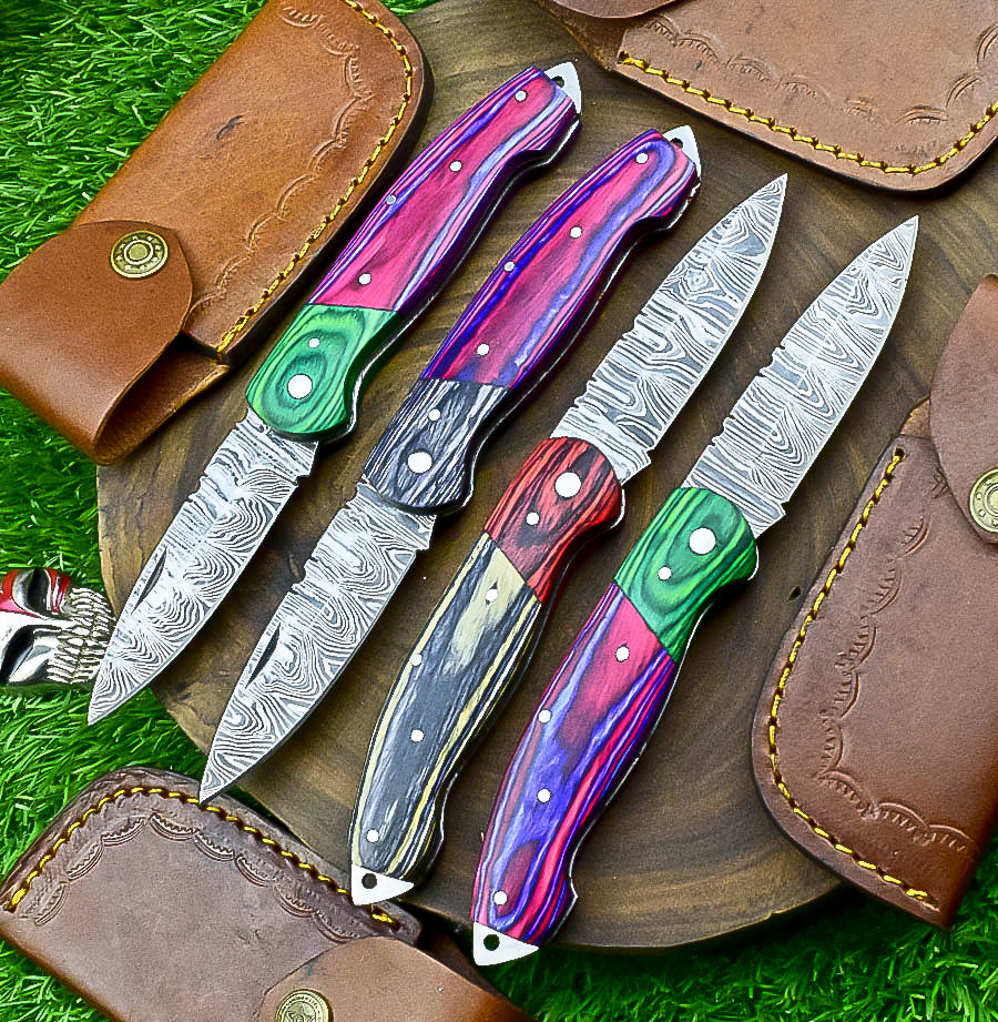 4 PCS Handmade Damascus Folding Knife Set – 7"Multicolor Wood Handle With Leather Sheath | SN-732