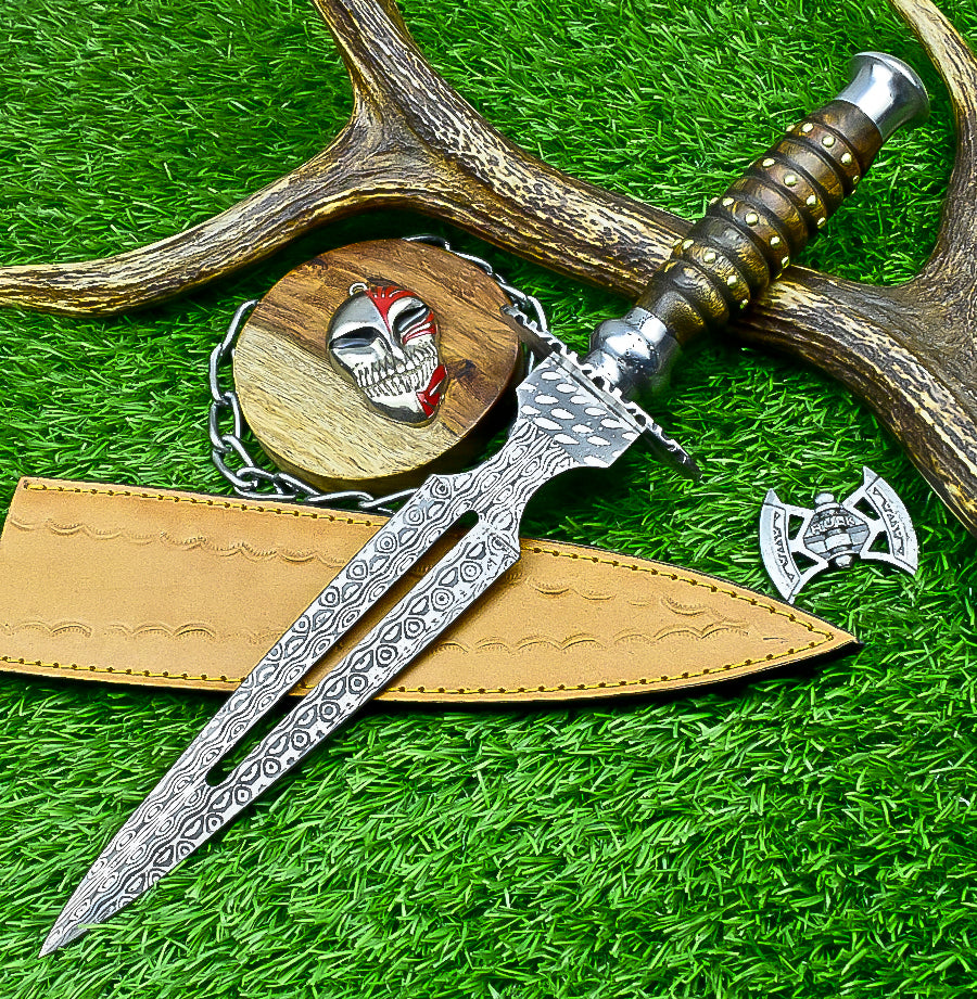 Damascus Steel Double Blade Fantasy Dagger with Leather Sheath and Bleach Mask Keychain | SN-782
