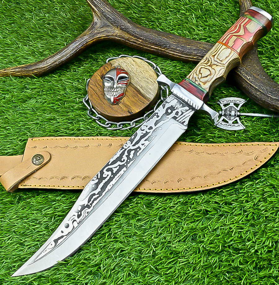 Handmade Damascus Steel Bowie Knife with Multi-Colored Stacked Handle | UN-8153