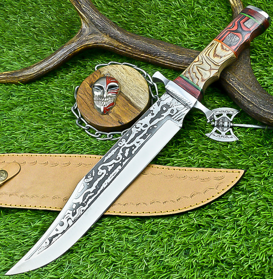 Hand-Forged Custom Damascus Steel Bowie Knife with Engraved Blade and Mosaic Handle | UN-8161