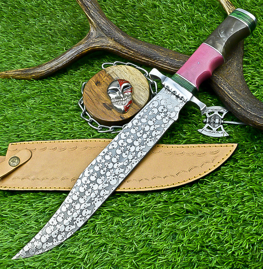 Custom Damascus Steel Bowie Knife with Skull Engraved Blade and Two-Tone Resin Handle | UN-8176