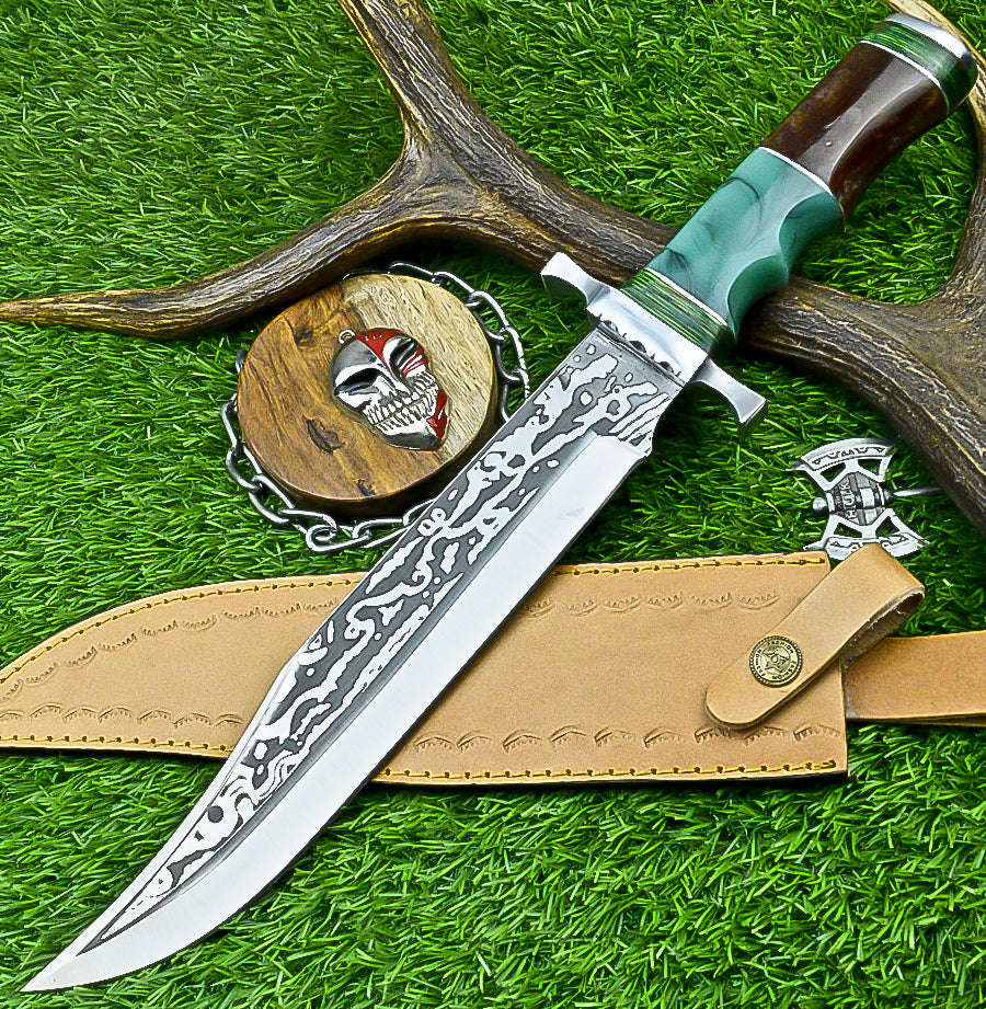 Handmade Damascus Steel Bowie Knife with Green Resin and Walnut Handle | UN-8212