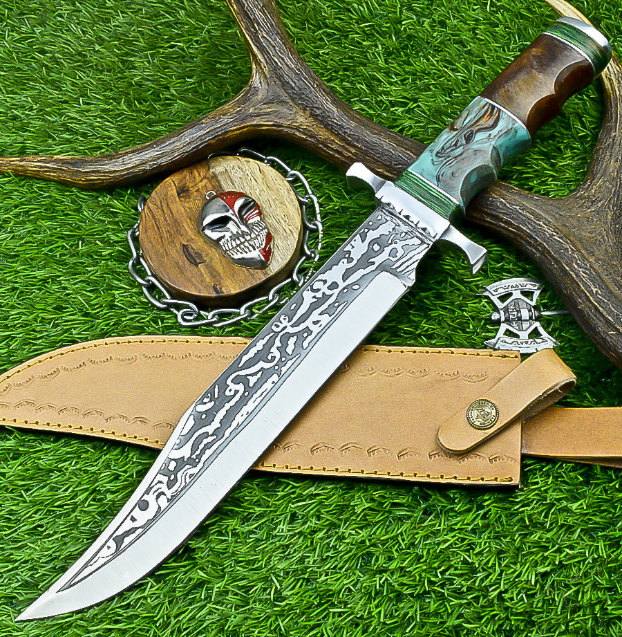 Custom Handmade Damascus Steel Bowie Knife with Turquoise and Walnut Handle | UN-8215