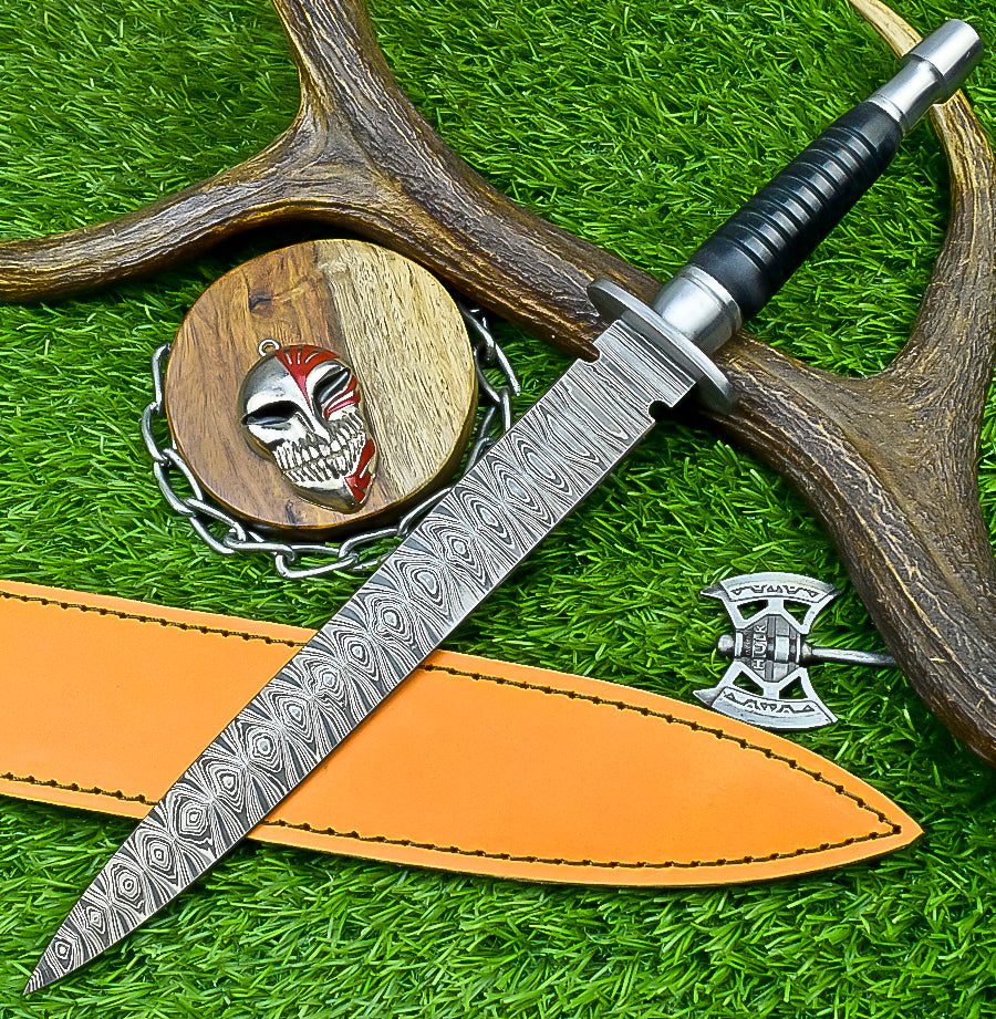 Custom Hand-Forged Damascus Steel Dagger with Black Micarta Handle and Full Tang | UN-8370
