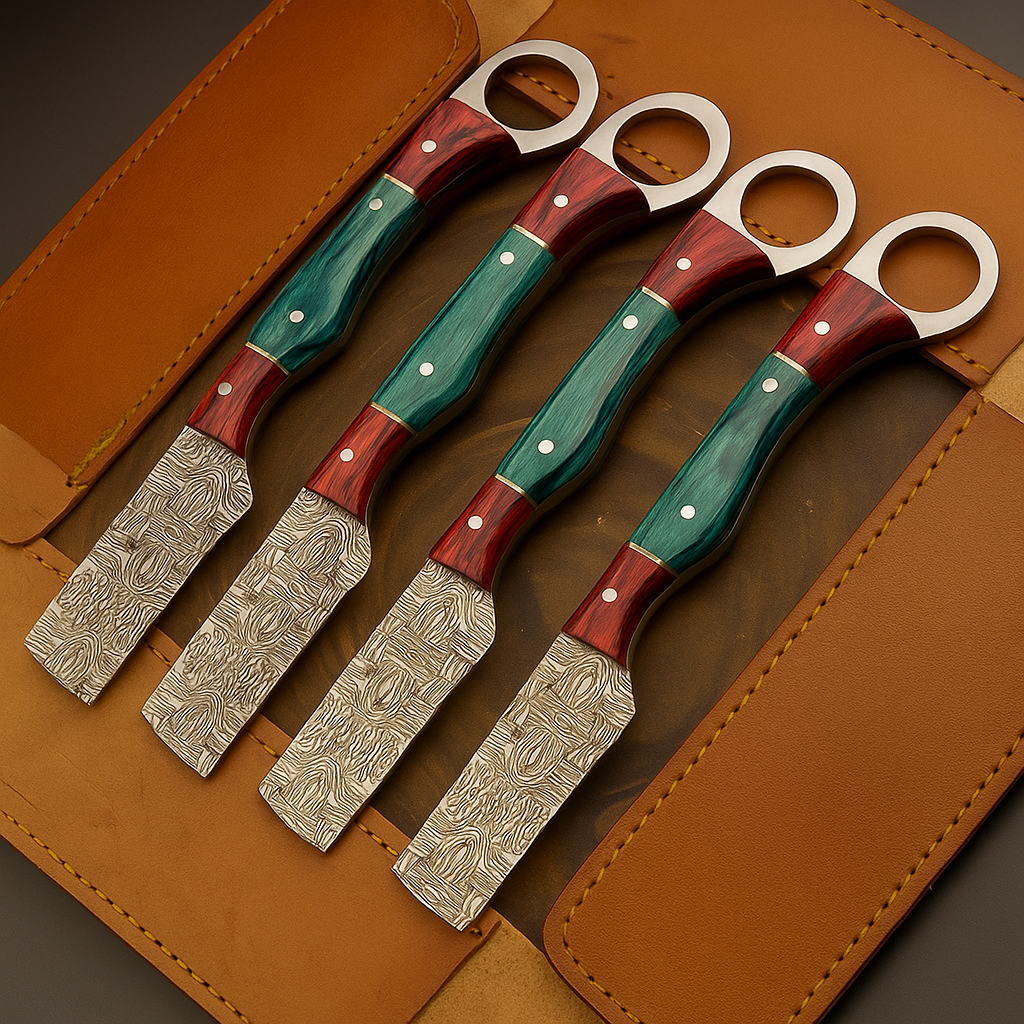 4-Piece Handmade Straight Razor Set – 8.25" J2 Steel Etched Blade, Pakka Wood Handle with Brass Pins & Leather Sheaths | UN-9236