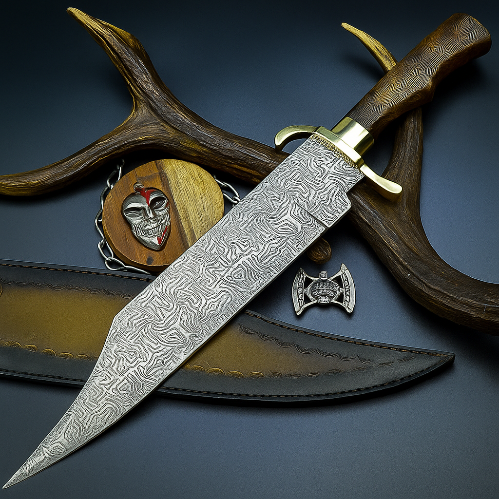 Handmade Damascus Steel Bowie Knife with Green Resin and Walnut Handle | UN-9475