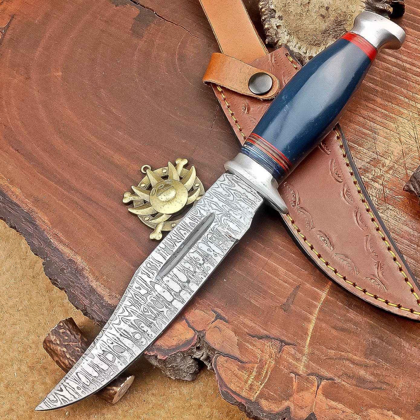 Handmade Damascus Steel Hunting Knife with Blue & Red Striped Handle