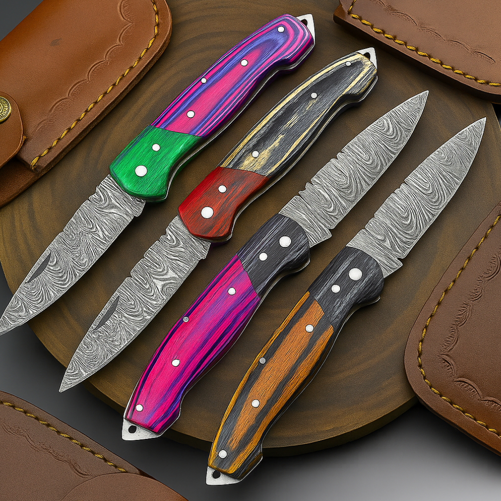4 PCS Handmade Damascus Folding Knife Set – 7" – Multicolor Wood Handle With Leather Sheath | SN-739