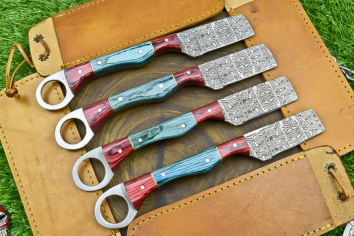 4-Piece Handmade Straight Razor Set – 8.25" J2 Steel Etched Blade, Pakka Wood Handle with Brass Pins & Leather Sheaths