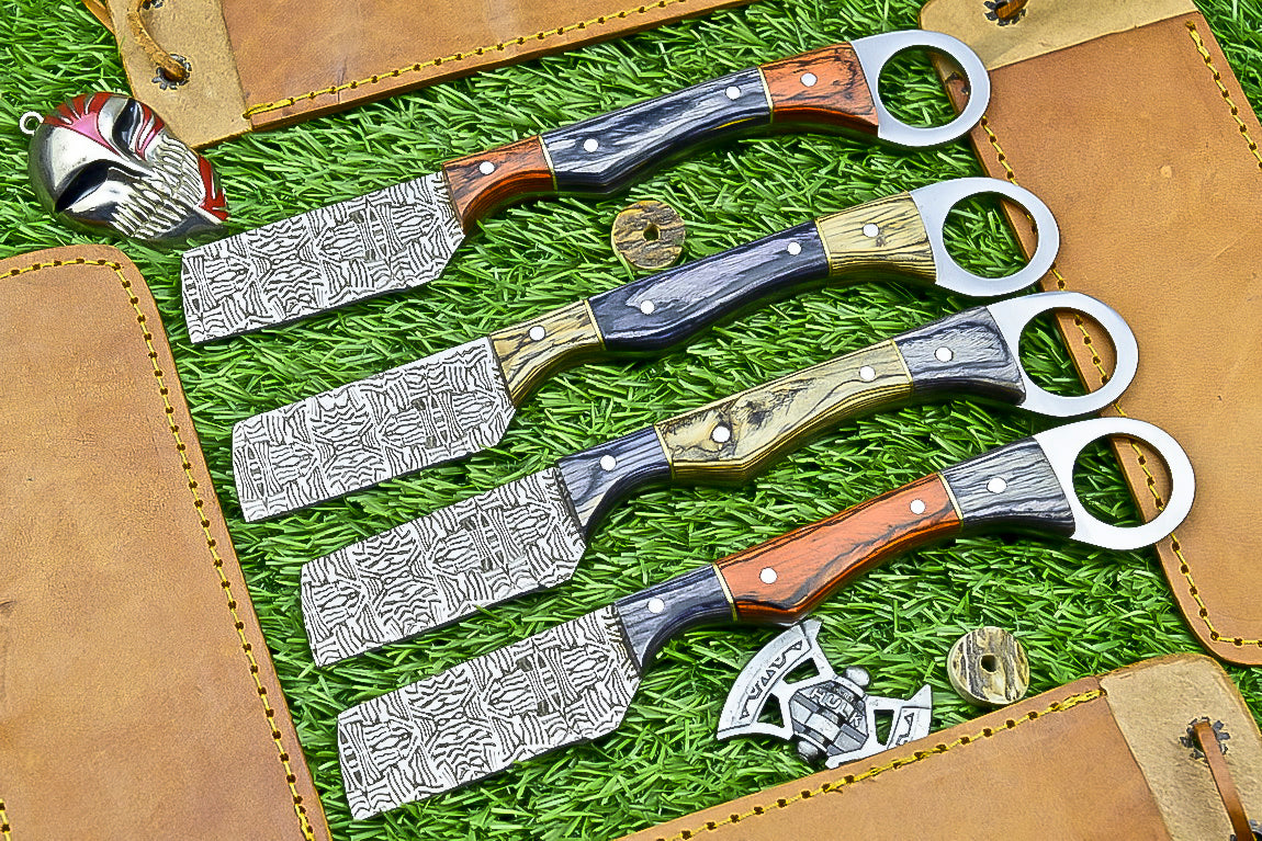 4-Piece Handmade Straight Razor Set – 8.25" J2 Steel Etched Blade, Pakka Wood Handle with Brass Pins & Leather Sheaths | UN-9262