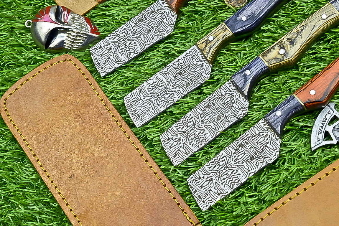 4-Piece Handmade Straight Razor Set – 8.25" J2 Steel Etched Blade, Pakka Wood Handle with Brass Pins & Leather Sheaths | UN-9262