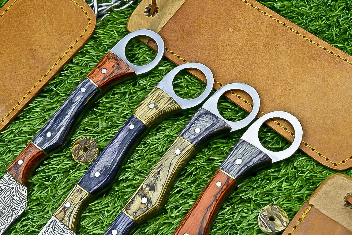 4-Piece Handmade Straight Razor Set – 8.25" J2 Steel Etched Blade, Pakka Wood Handle with Brass Pins & Leather Sheaths | UN-9262
