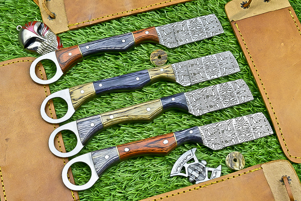 4-Piece Handmade Straight Razor Set – 8.25" J2 Steel Etched Blade, Pakka Wood Handle with Brass Pins & Leather Sheaths | UN-9262