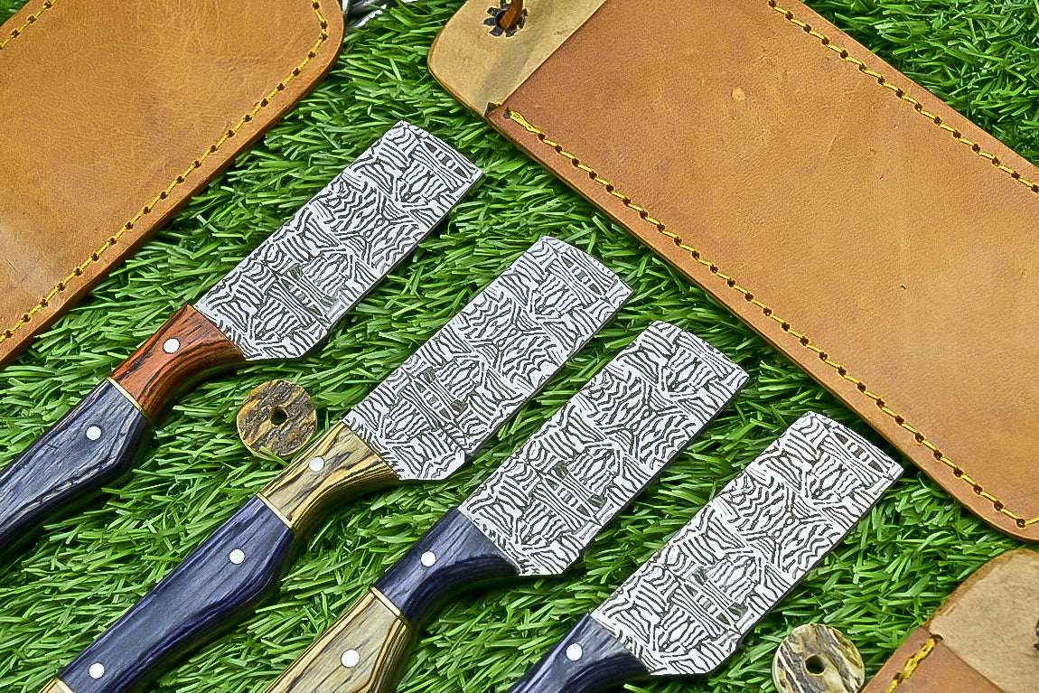 4-Piece Handmade Straight Razor Set – 8.25" J2 Steel Etched Blade, Pakka Wood Handle with Brass Pins & Leather Sheaths | UN-9262
