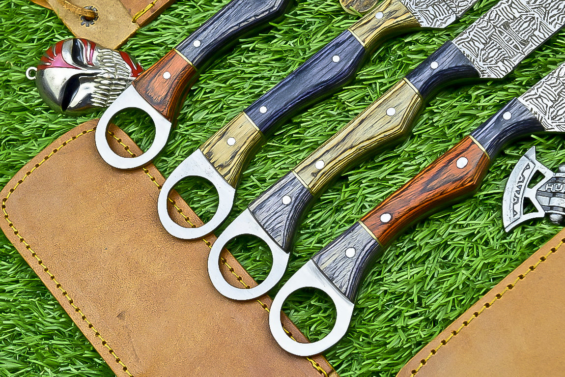 4-Piece Handmade Straight Razor Set – 8.25" J2 Steel Etched Blade, Pakka Wood Handle with Brass Pins & Leather Sheaths | UN-9262