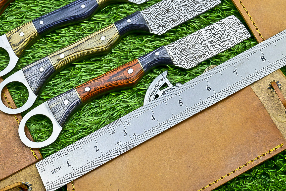 4-Piece Handmade Straight Razor Set – 8.25" J2 Steel Etched Blade, Pakka Wood Handle with Brass Pins & Leather Sheaths | UN-9262