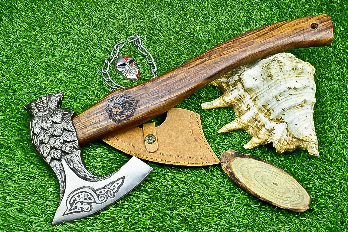 Ragnar Viking Axe – 21" Hand-Forged Carbon Steel Axe W/ Rosewood Handle & Leather Wrap | Camping Axe with Sheath