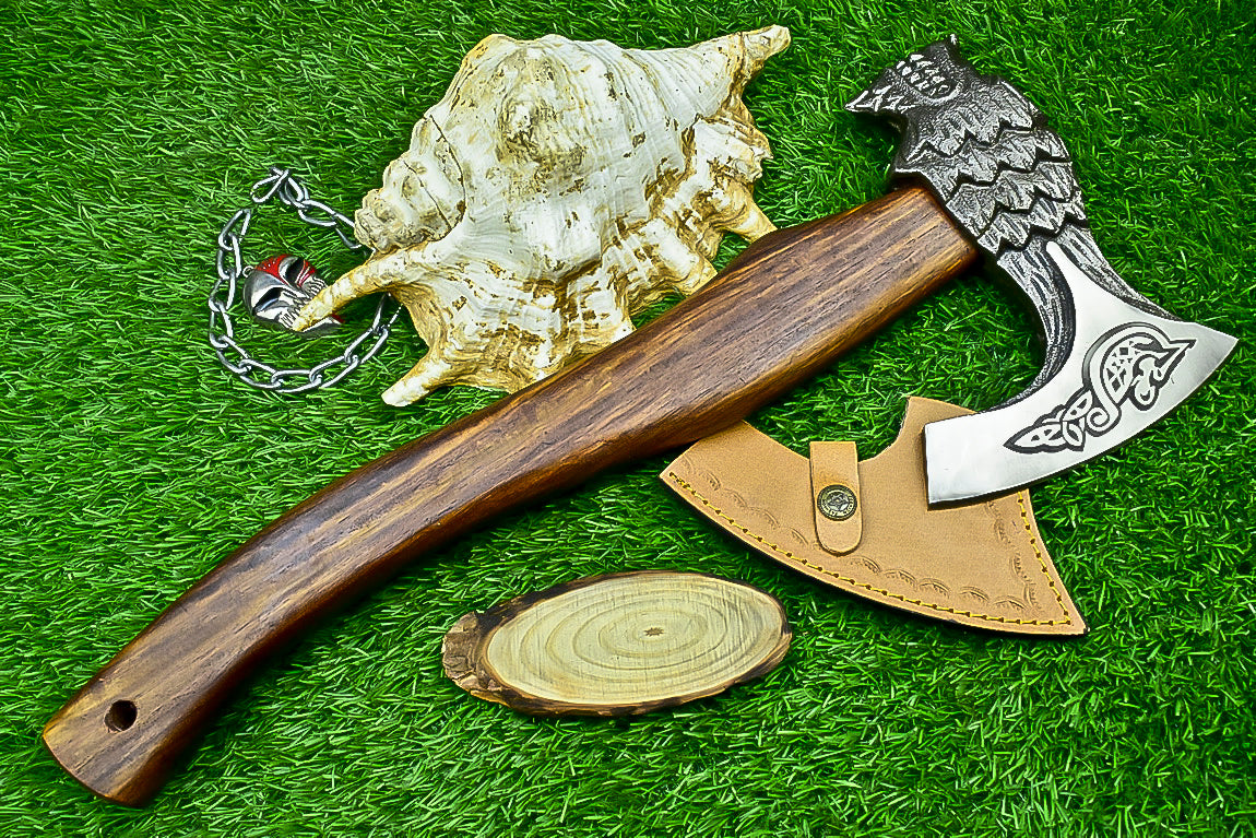 Ragnar Viking Axe – 21" Hand-Forged Carbon Steel Axe W/ Rosewood Handle & Leather Wrap | Camping Axe with Sheath