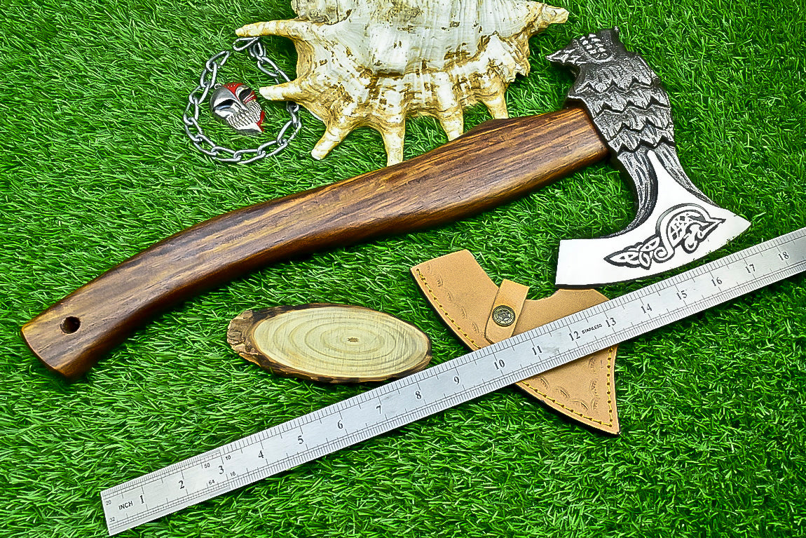 Ragnar Viking Axe – 21" Hand-Forged Carbon Steel Axe W/ Rosewood Handle & Leather Wrap | Camping Axe with Sheath