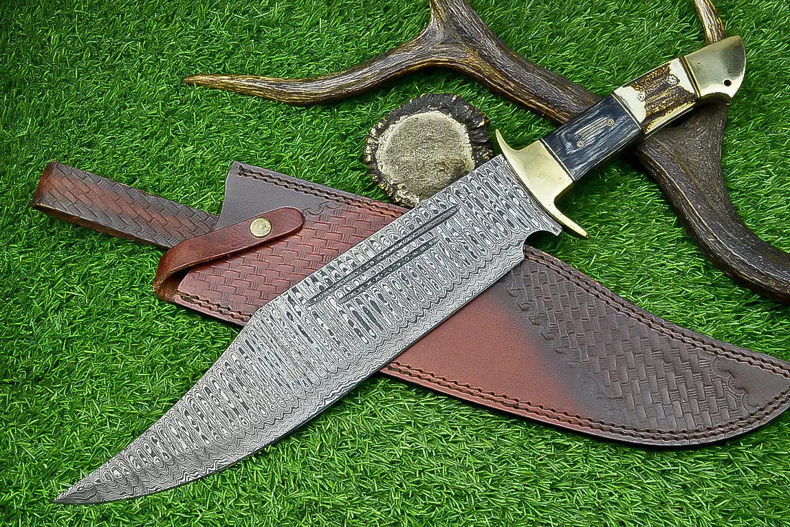 21-Inch Damascus Steel Bowie Knife with Stag Horn and Hardwood Handle SHKWORKS
