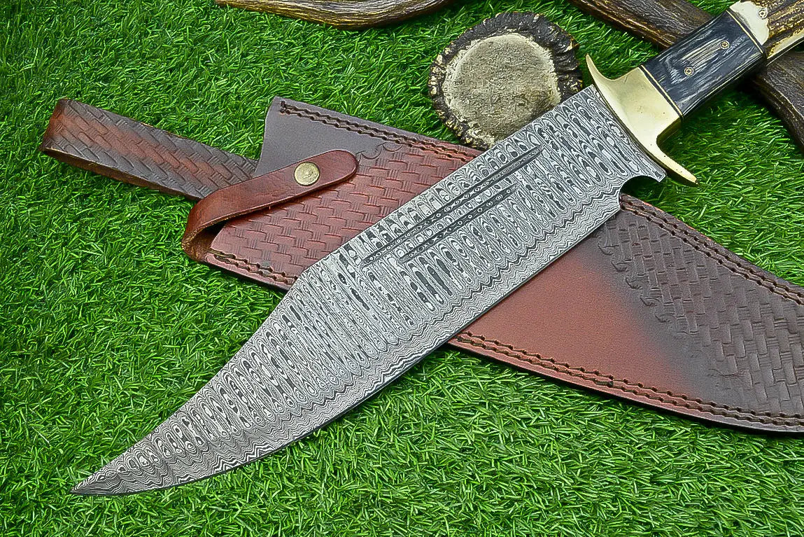 21-Inch Damascus Steel Bowie Knife with Stag Horn and Hardwood Handle SHKWORKS