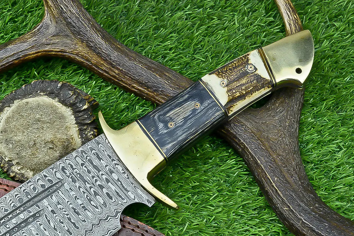 21-Inch Damascus Steel Bowie Knife with Stag Horn and Hardwood Handle SHKWORKS