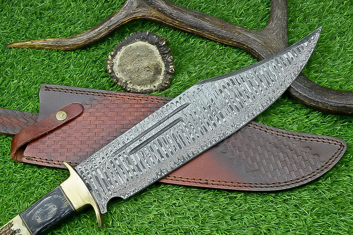 21-Inch Damascus Steel Bowie Knife with Stag Horn and Hardwood Handle SHKWORKS