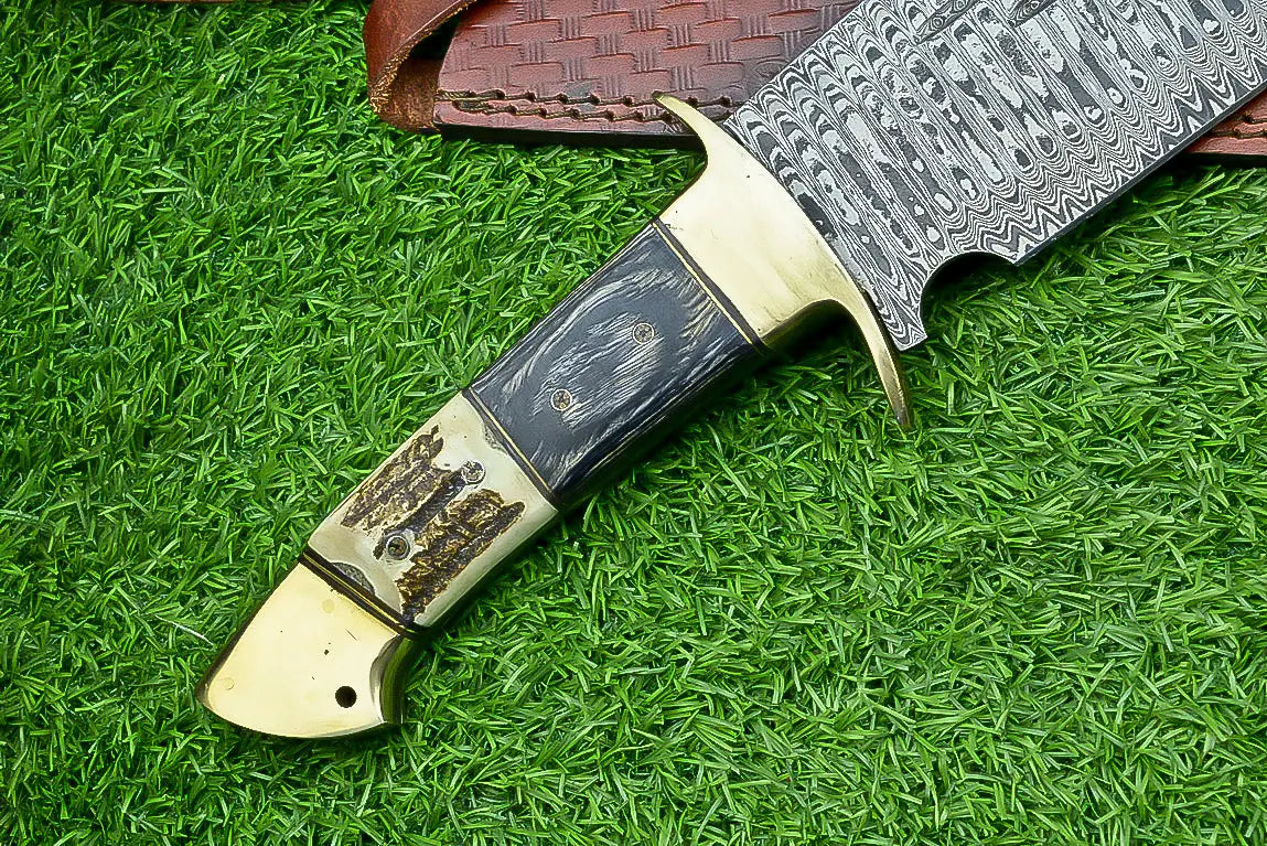 21-Inch Damascus Steel Bowie Knife with Stag Horn and Hardwood Handle SHKWORKS