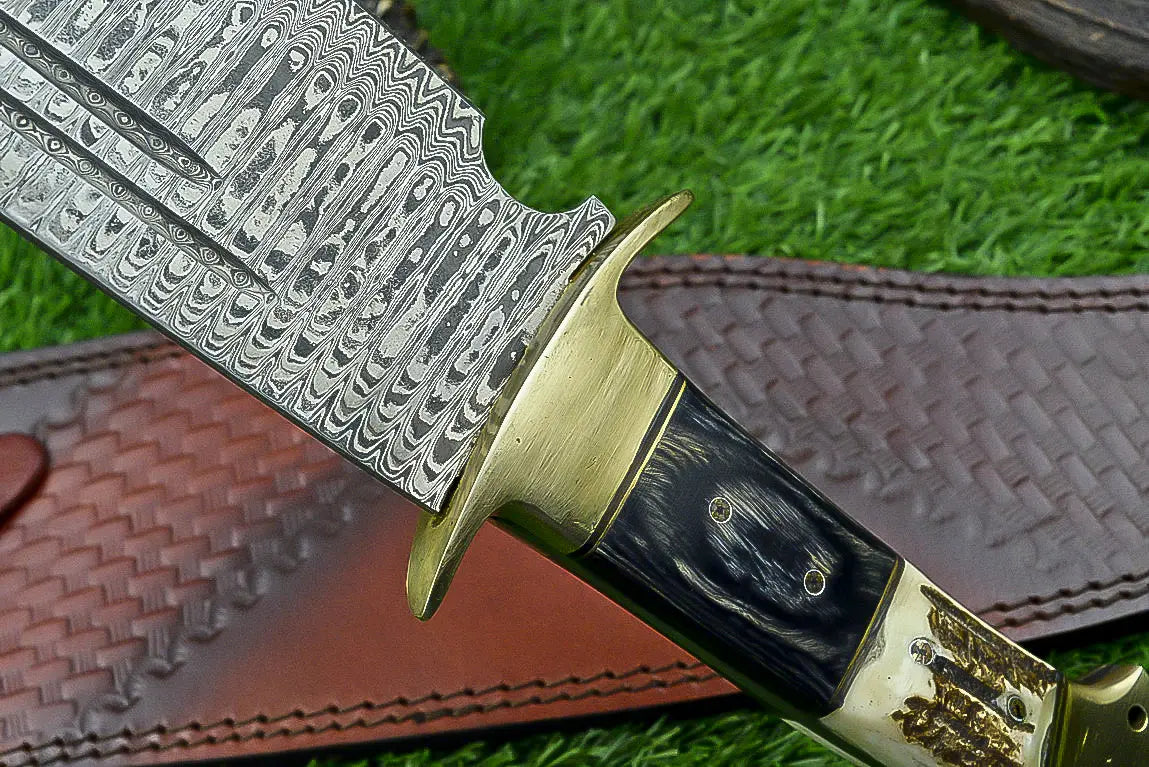 21-Inch Damascus Steel Bowie Knife with Stag Horn and Hardwood Handle SHKWORKS