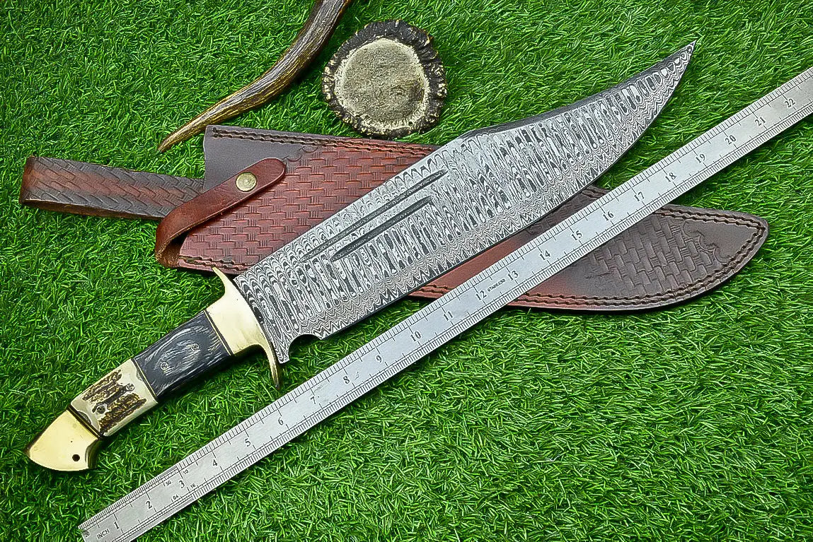 21-Inch Damascus Steel Bowie Knife with Stag Horn and Hardwood Handle SHKWORKS