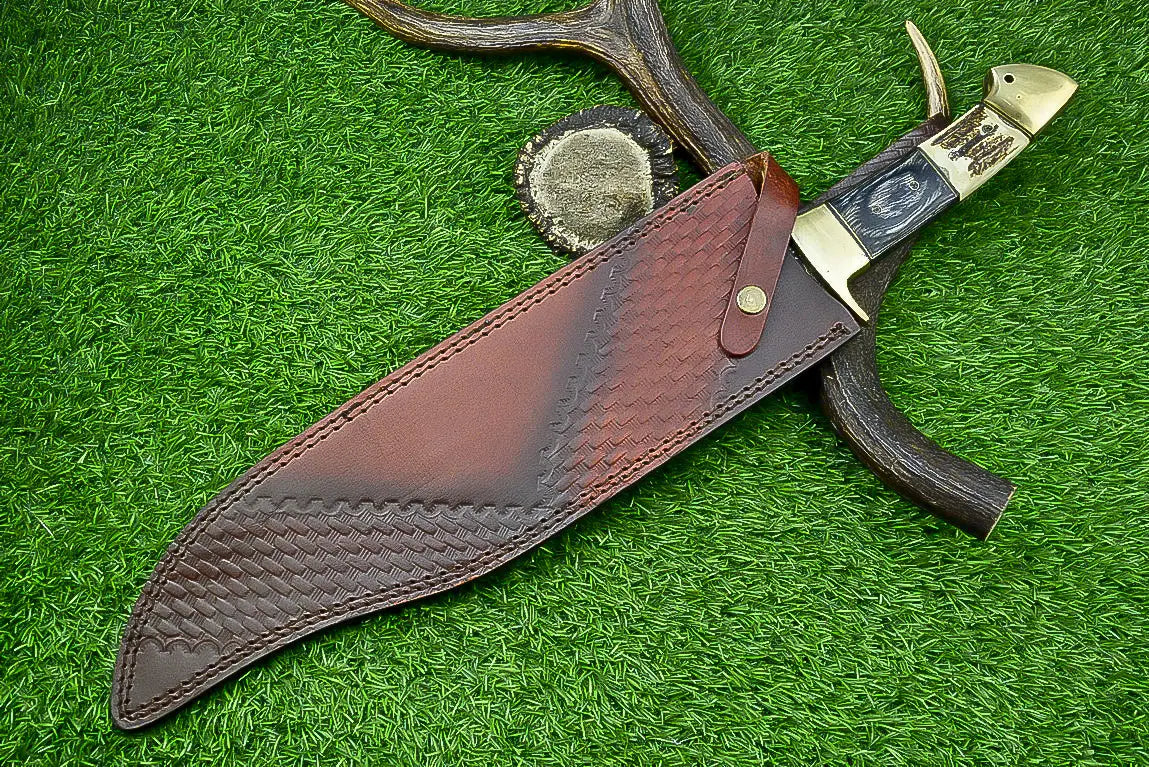 21-Inch Damascus Steel Bowie Knife with Stag Horn and Hardwood Handle SHKWORKS