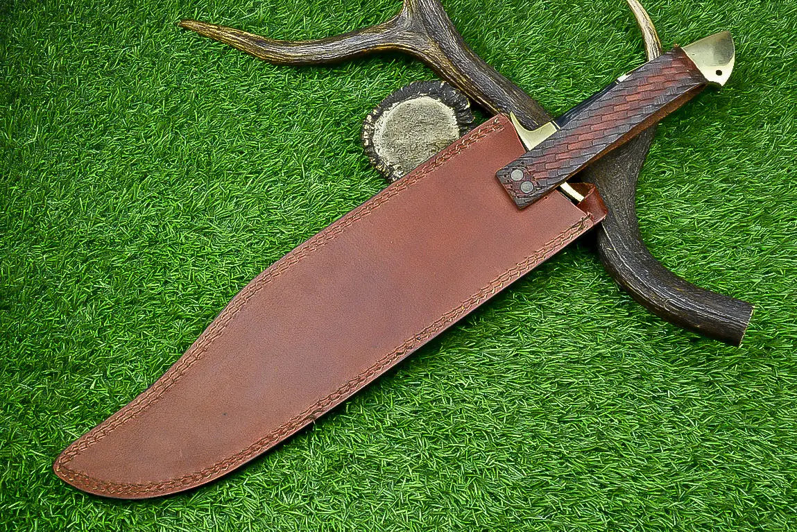21-Inch Damascus Steel Bowie Knife with Stag Horn and Hardwood Handle SHKWORKS