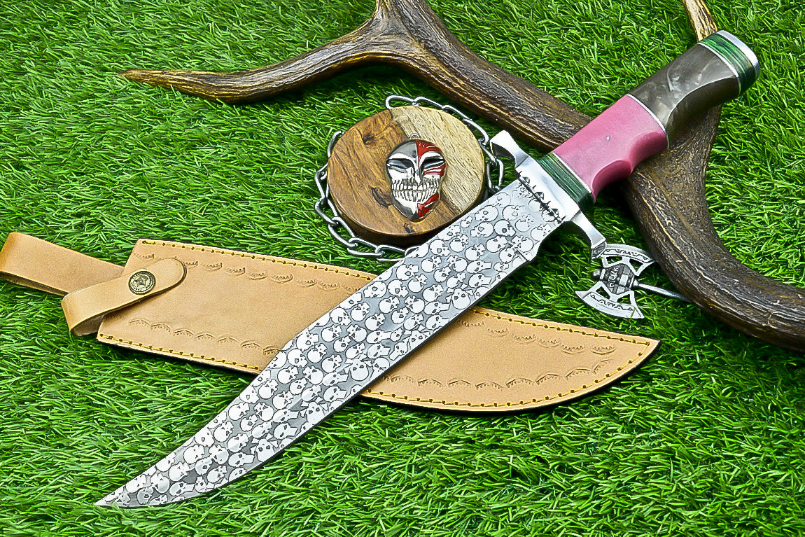 Custom Damascus Steel Bowie Knife with Skull Engraved Blade and Two-Tone Resin Handle | UN-8176