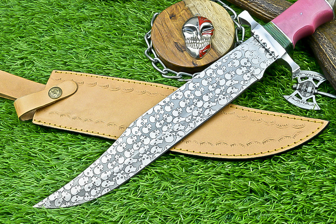 Custom Damascus Steel Bowie Knife with Skull Engraved Blade and Two-Tone Resin Handle | UN-8176