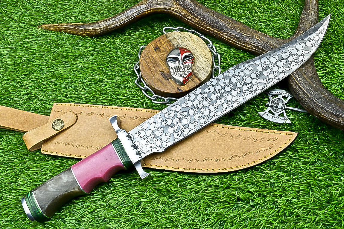 Custom Damascus Steel Bowie Knife with Skull Engraved Blade and Two-Tone Resin Handle | UN-8176