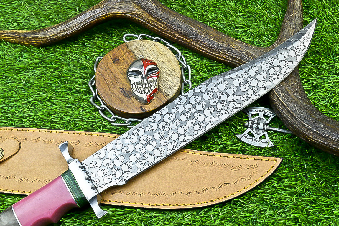 Custom Damascus Steel Bowie Knife with Skull Engraved Blade and Two-Tone Resin Handle | UN-8176