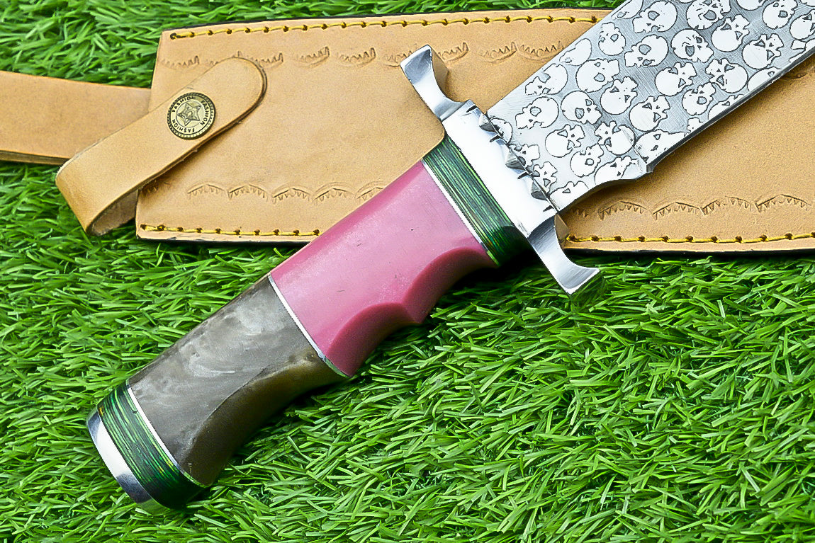 Custom Damascus Steel Bowie Knife with Skull Engraved Blade and Two-Tone Resin Handle | UN-8176