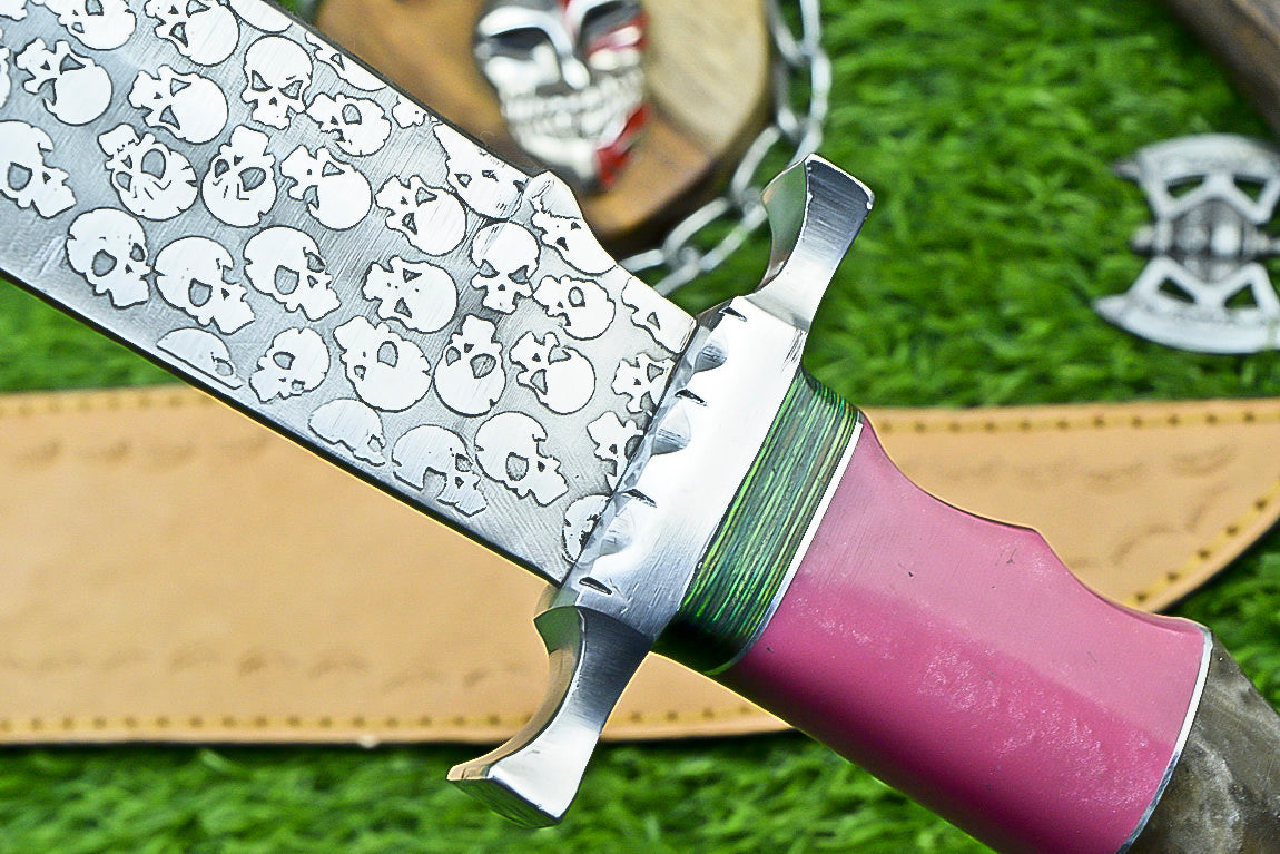 Custom Damascus Steel Bowie Knife with Skull Engraved Blade and Two-Tone Resin Handle | UN-8176