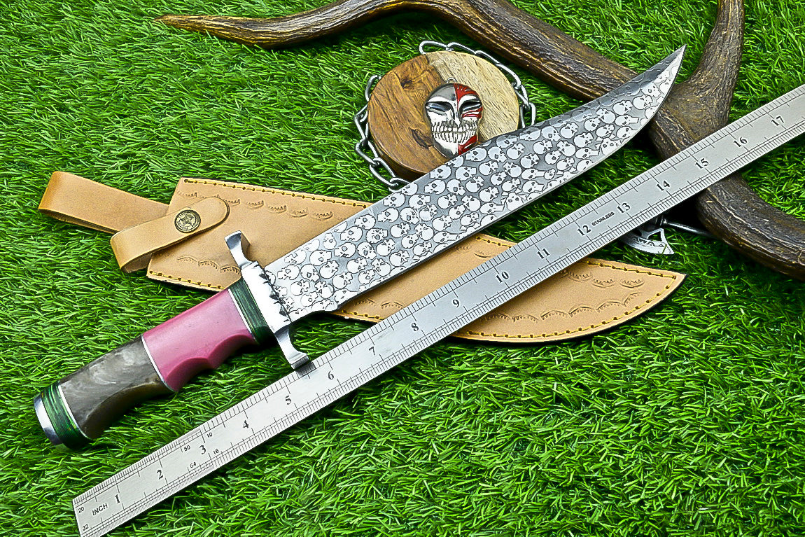 Custom Damascus Steel Bowie Knife with Skull Engraved Blade and Two-Tone Resin Handle | UN-8176