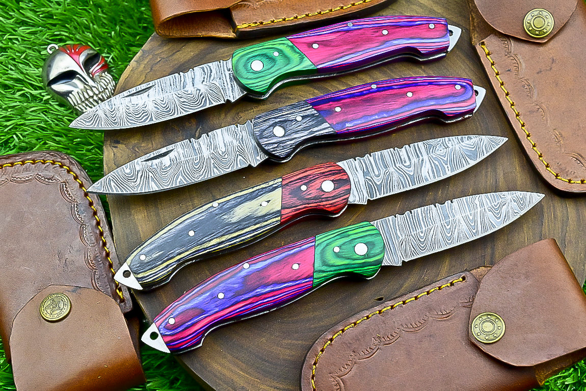 4 PCS Handmade Damascus Folding Knife Set – 7"Multicolor Wood Handle With Leather Sheath | SN-732