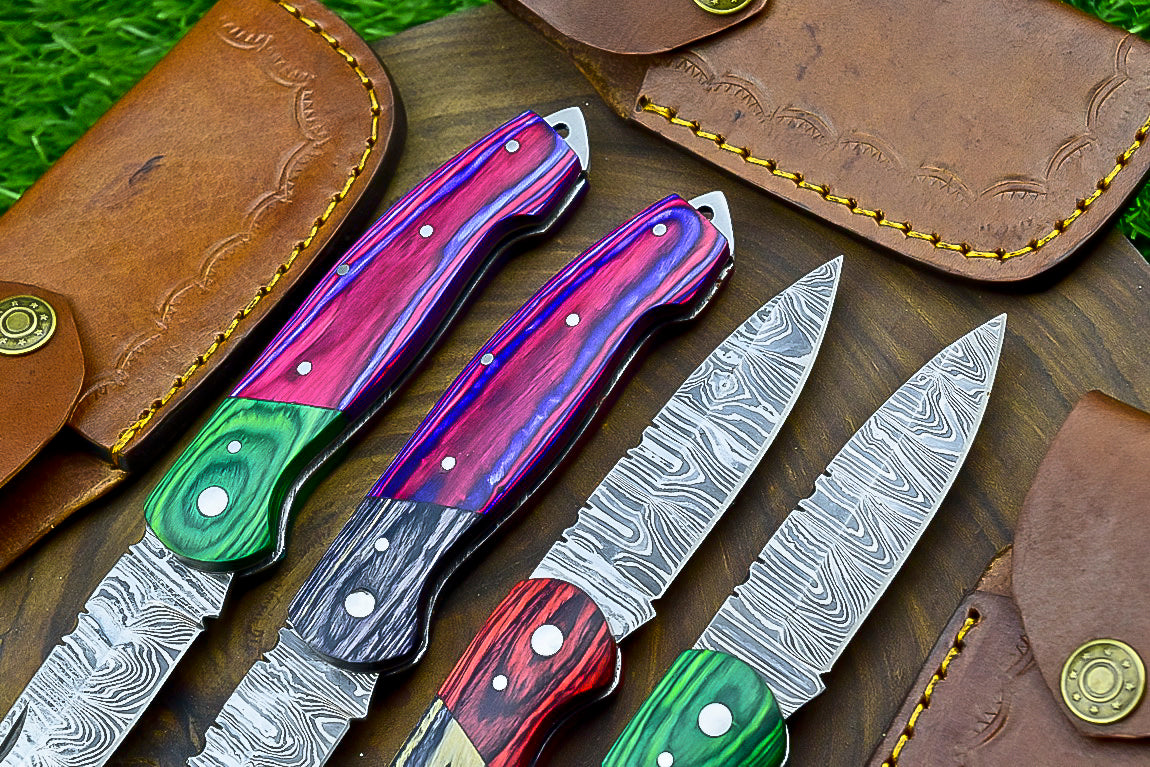 4 PCS Handmade Damascus Folding Knife Set – 7"Multicolor Wood Handle With Leather Sheath | SN-732