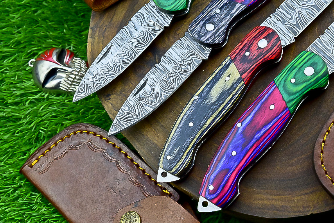 4 PCS Handmade Damascus Folding Knife Set – 7"Multicolor Wood Handle With Leather Sheath | SN-732